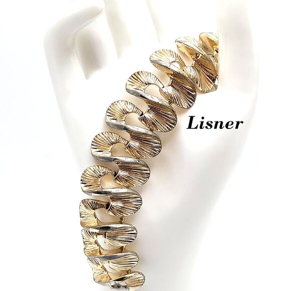 Vintage Lisner Wide 1950s Bracelet, Gold Tone, 7" - Picture 1 of 10